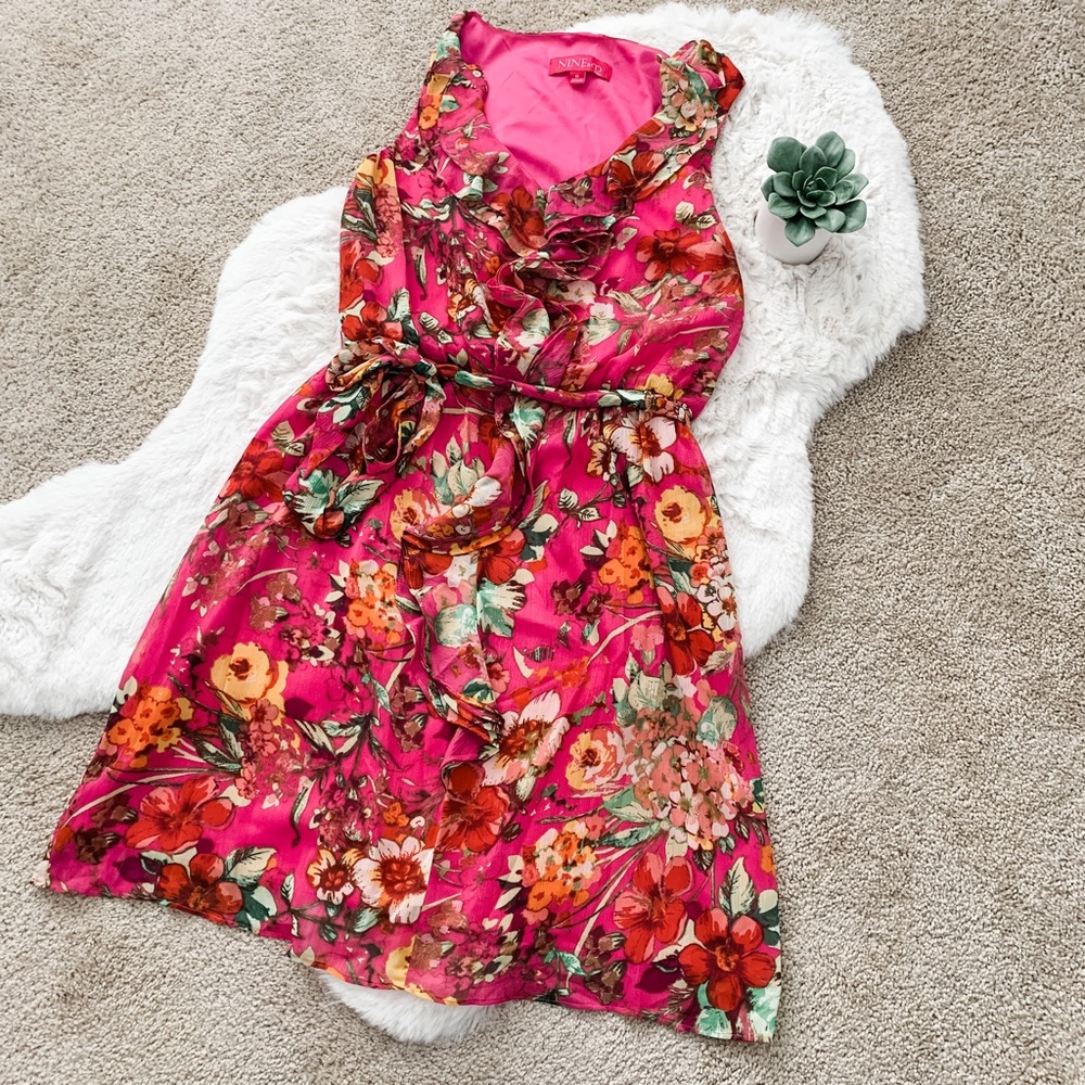 Nine & Co. Magenta Floral Sleeveless Ruffle Dress